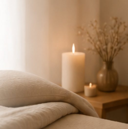 Bougies allumées et linge doux sur une table de soin Reiki