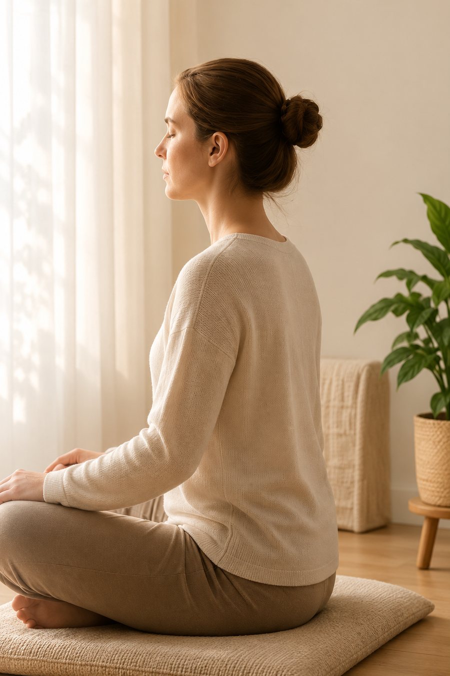 Femme assise en tailleur, yeux fermés, pendant un exercice de sophrologie